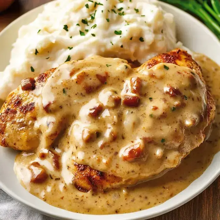 Plated smothered chicken in gravy with mashed potatoes and fresh parsley on top.
