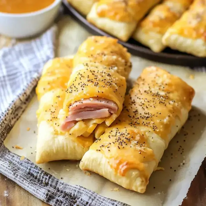 Baked ham and cheese crescent rolls covered with bubbly cheese and poppy seeds, next to some dipping sauce.