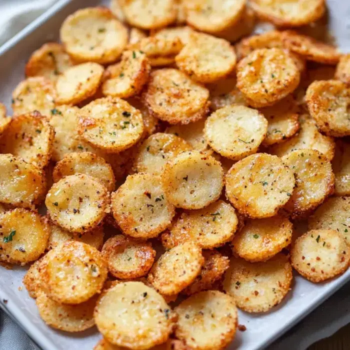 A close-up look at golden, crispy potato rounds packed together with a sprinkle of spice on a platter.