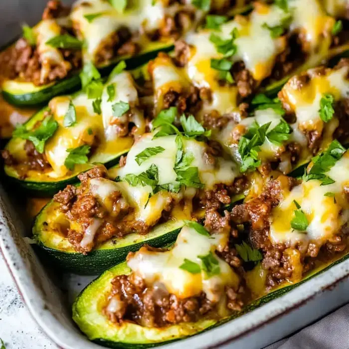 Hot zucchini boats stuffed with seasoned beef, melty cheese on top, sprinkled with fresh cilantro.