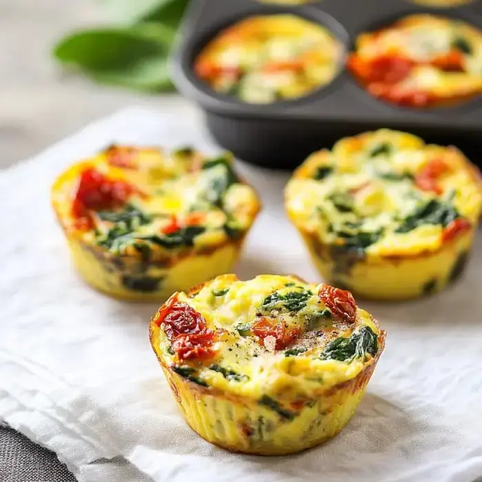 Three mini spinach and sun dried tomato egg muffins on a cloth, muffin tin peeking in the back.