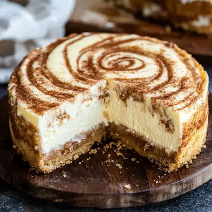 Creamy cheesecake topped with a cocoa powder swirl, one slice gone, sitting on a wooden tray.