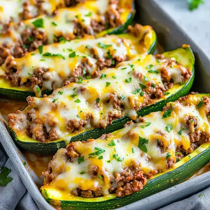 Steaming zucchini boats packed with herbed ground meat, gooey cheese on top, parsley for color.