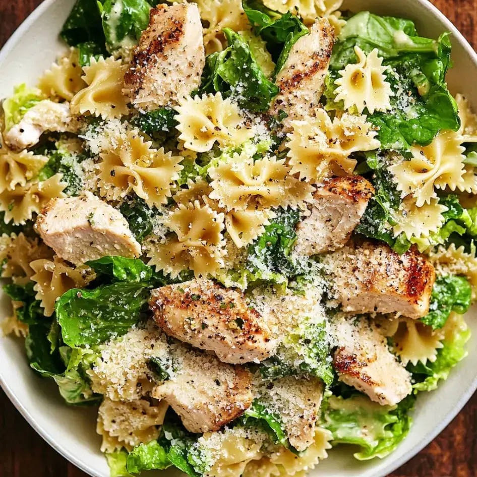 A bowl with bow tie pasta, seared chicken slices, crispy lettuce and grated Parmesan sprinkles.