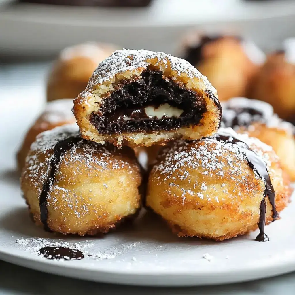 Golden donut-like sweets stuffed with creamy cookies, dusted with sugar and drizzled in chocolate, all piled on a plate.