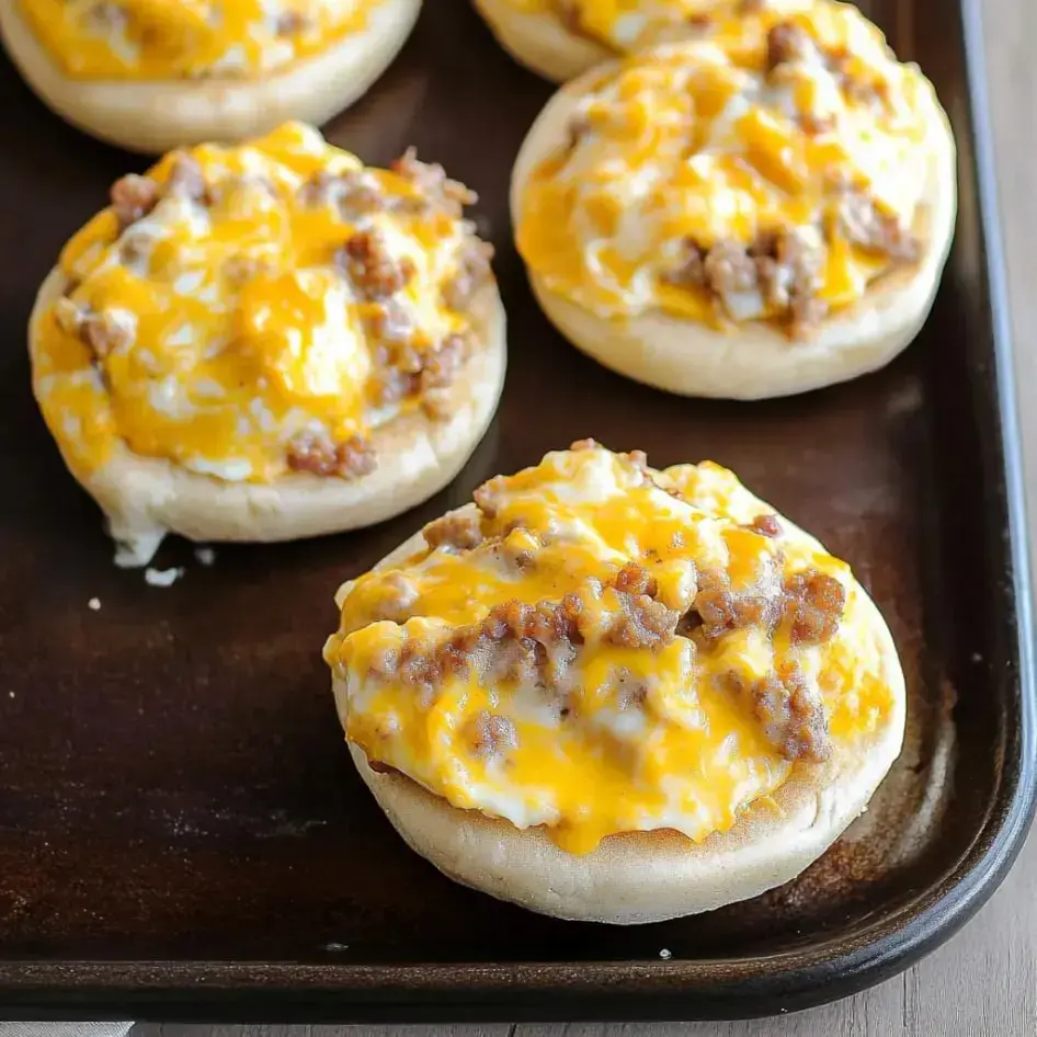 Close-up shot of cheesy sausage-topped English muffins sitting on a baking sheet after toasting.