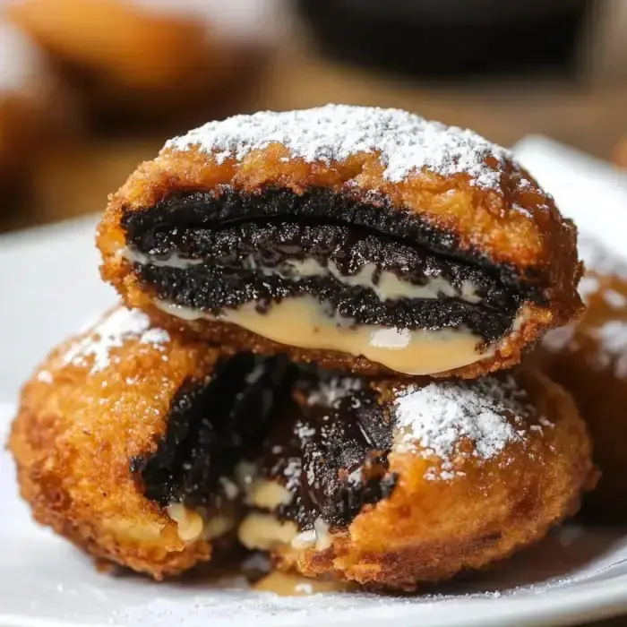 Closeup of a sliced golden fried Oreo showing melted center and sugar powder sprinkled on top.
