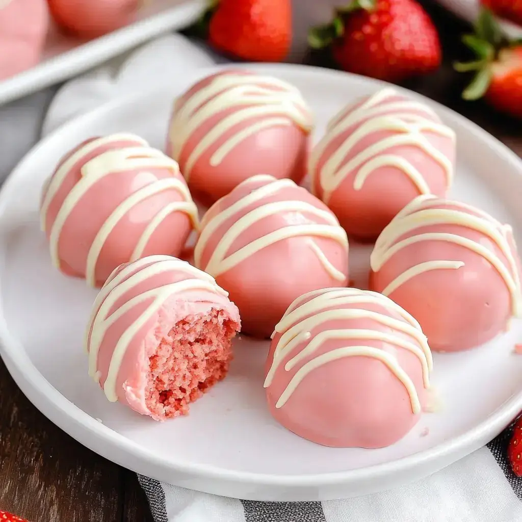 A plate of pink dessert balls drizzled with white chocolate with a bite showing a pink center plus some fresh strawberries.