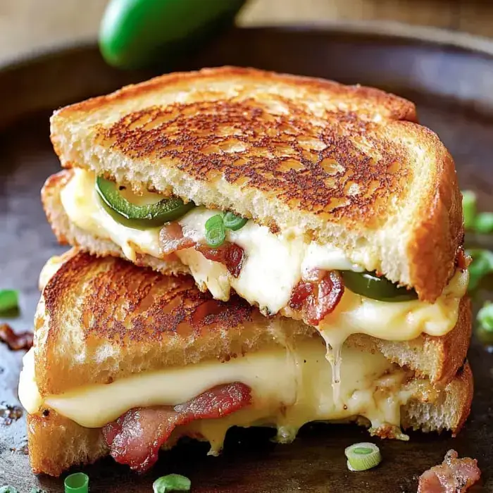 Gooey grilled cheese loaded with jalapeños and bacon, served between crisp, toasted bread.