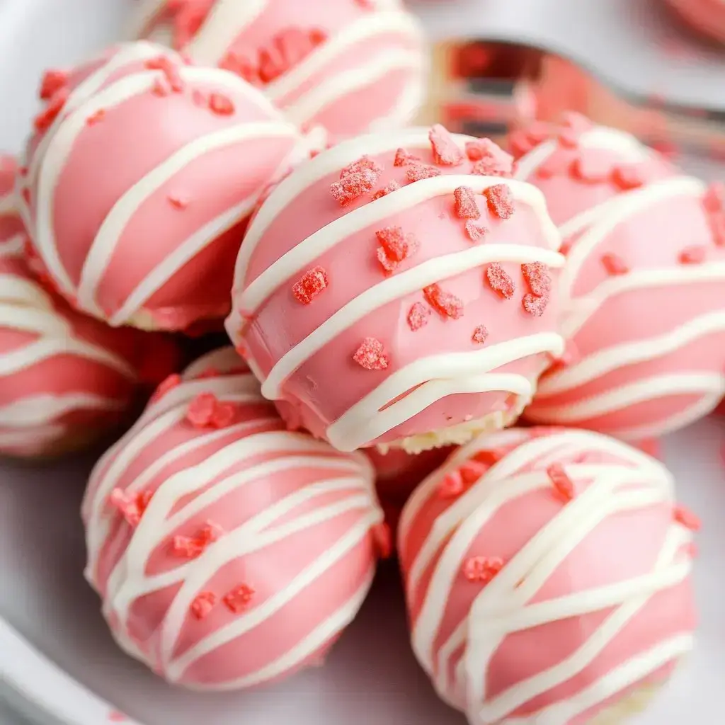 A platter of pink bites with white swirls and little red-sugar crumbs sprinkled on top.