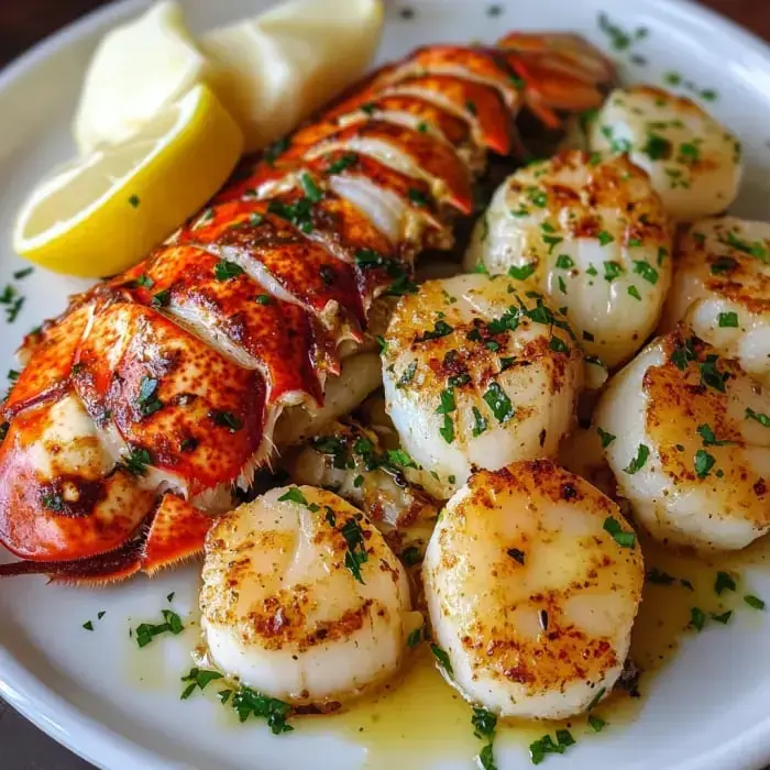 A juicy lobster tail served with golden scallops, fresh parsley, and lemon wedges on the side.