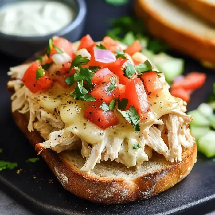 Toasted bread sits underneath a layer of shredded chicken and melted cheese, finished with a pop of tomatoes and cilantro, all next to a little bowl of dip.