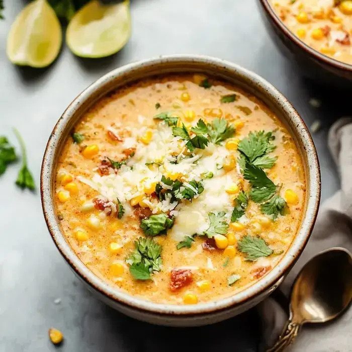 Creamy corn soup in a bowl, topped with cheese, cilantro, tomatoes, and limes on the side.