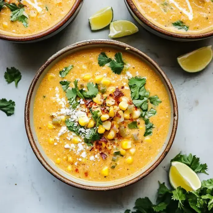 Bowl of creamy corn soup with cheese, fresh cilantro, and corn sprinkled on top, plus limes nearby.