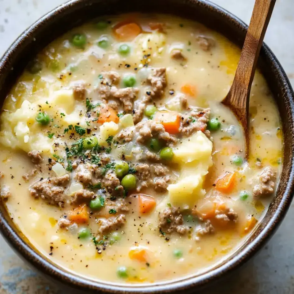 A cozy bowl of mash-topped beef and veggie stew, sprinkled with herbs and ready to eat with a wooden spoon.