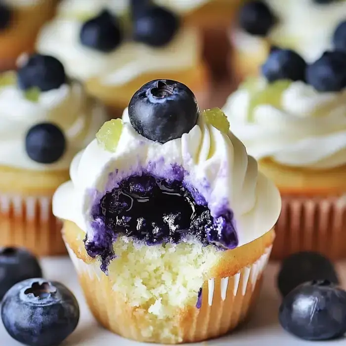 A cupcake bursting with blueberries, topped with whipped cream and a blueberry with a bite out showing the rich purple center.
