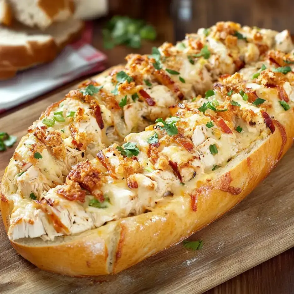 Crusty cheesy bread stuffed with chicken, bacon, and fresh herbs, set on a wooden board.