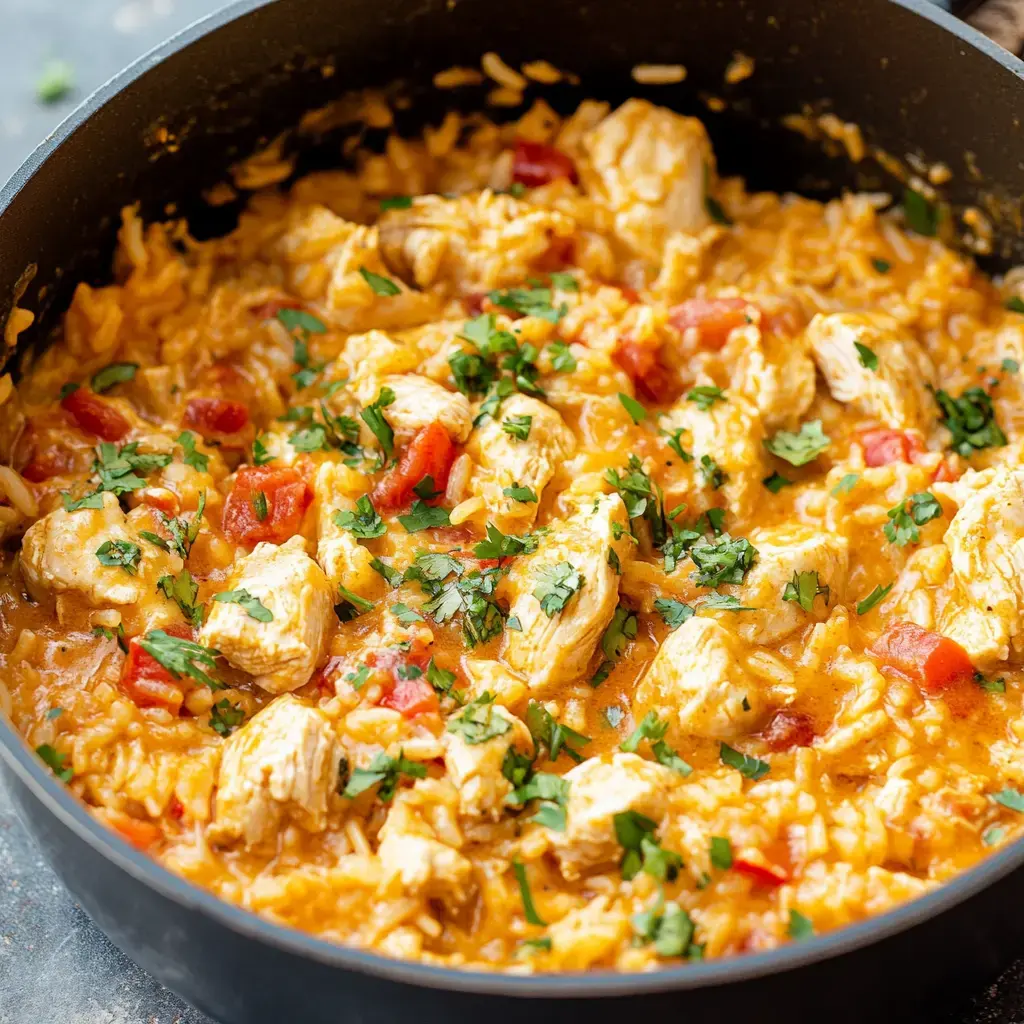 Up-close shot of creamy chicken and rice topped with diced tomatoes and fresh herbs in a pot.