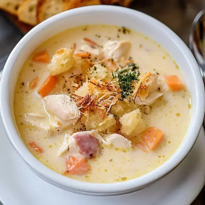 A creamy chicken soup with chunks of chicken, carrots, croutons, and herbs in a white bowl, ready to eat.