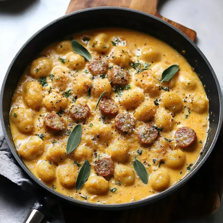 Creamy gnocchi with sausage and herbs in a skillet, all topped off with fresh sage.