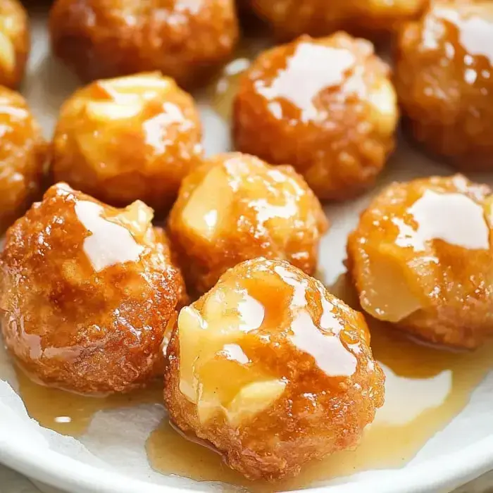 Sweet, shiny apple fritters piled high on a plate for snacking.