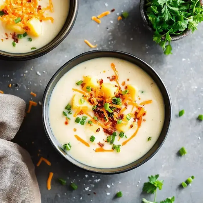 Up close view of thick, creamy soup with melted cheese, bacon crumbles, and sliced green onions in a black bowl.