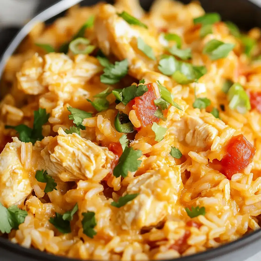 A tasty bowl with shredded chicken, fluffy rice, diced tomatoes, and bright green cilantro.