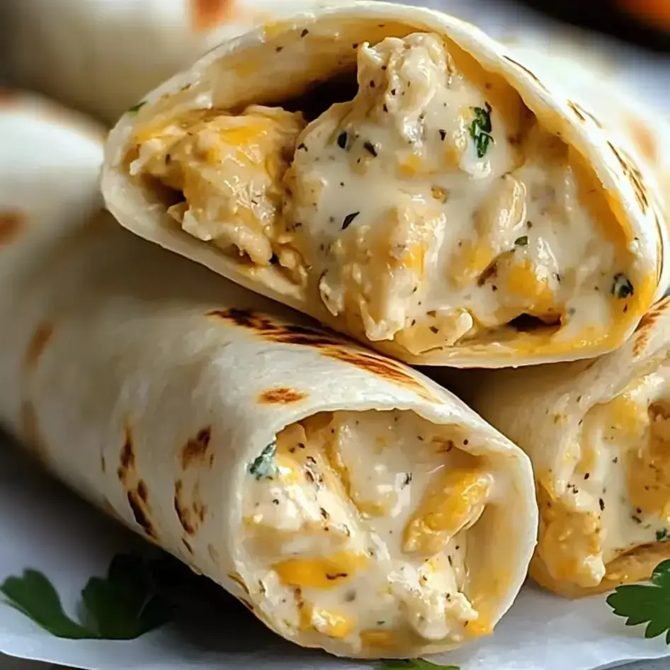 A trio of tortillas packed with a cheesy, creamy filling rests on a serving dish.