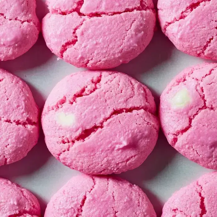 Rows of pink, crackled cookies with chunks of white chocolate lined up for a close shot.