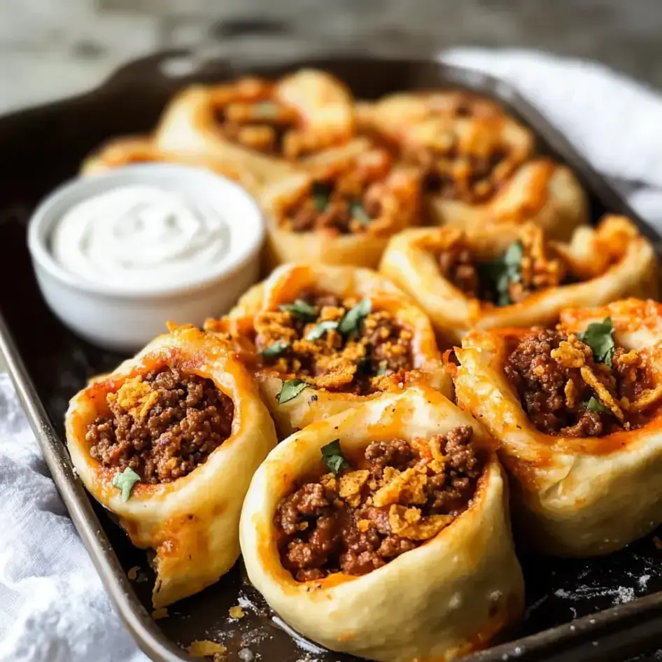 Sliced rolls packed with spiced beef and Doritos, scattered with fresh herbs and paired with a dip on a plate.