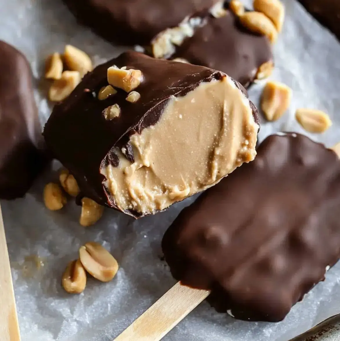 A bite’s gone from this creamy peanut butter ice cream bar covered in chocolate and sprinkled with crushed peanuts.