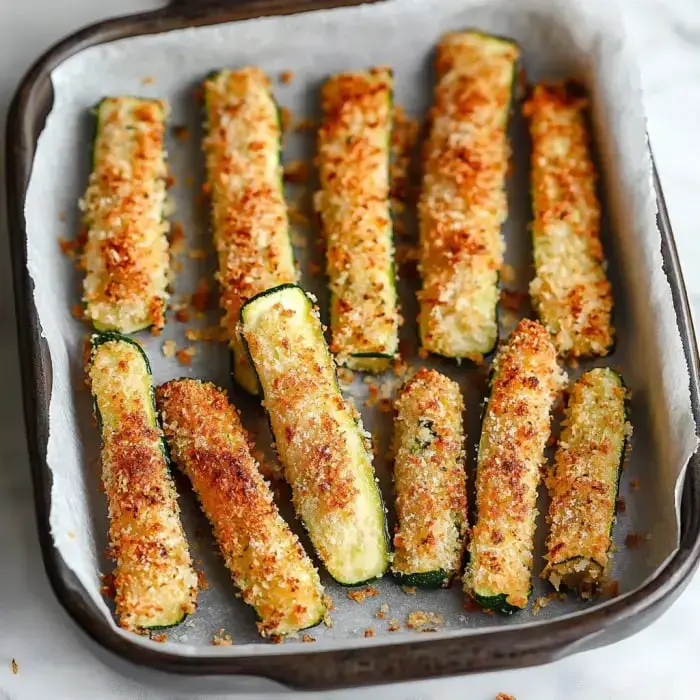 Golden breaded zucchini sticks stacked on parchment paper with a tray underneath.