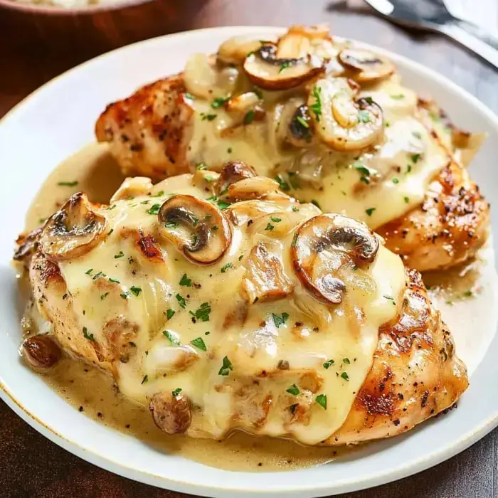 Two golden chicken breasts with gooey cheese, sautéed mushrooms, and a sprinkle of green herbs on a plate, close up.
