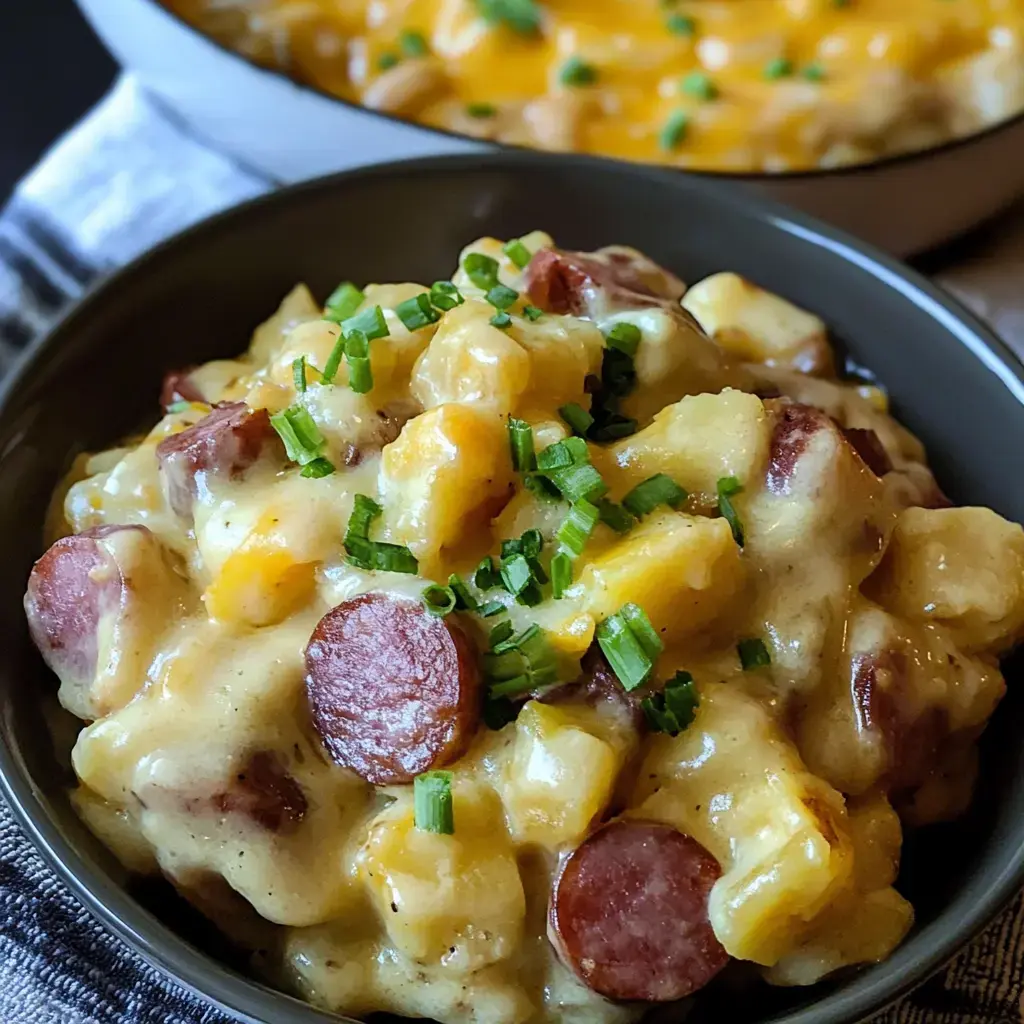 A bowl full of cheesy potato and sausage goodness, sprinkled with green onions.