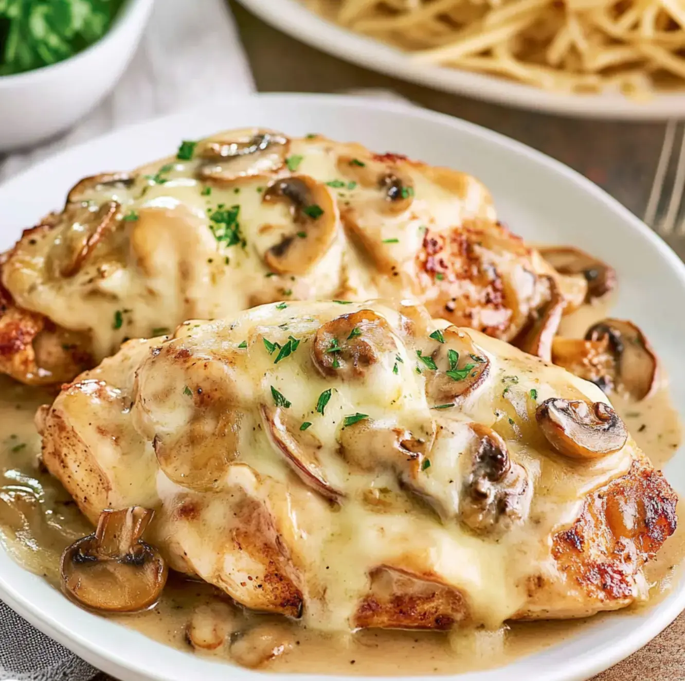 Chicken breasts smothered in creamy mushrooms and cheese, with fresh parsley, next to spaghetti and salad greens.