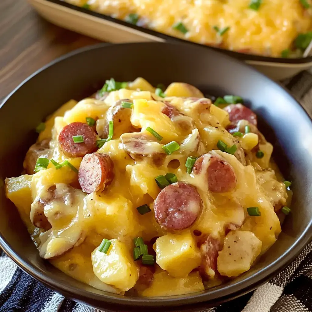 Hearty bowl with cheesy potatoes, sausage slices, topped with fresh chives; cheesy casserole sits in the back.