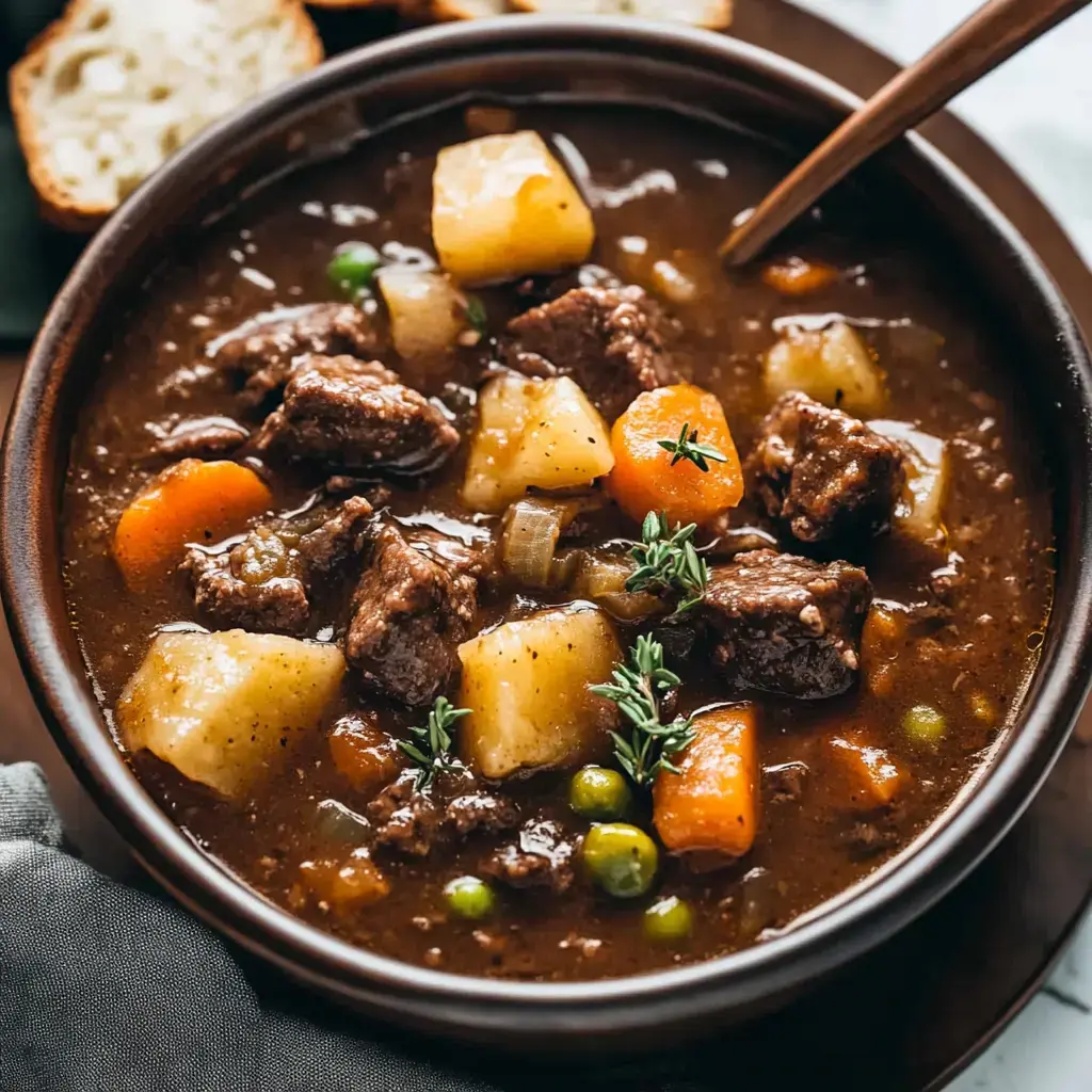 Big bowl packed with beefy stew, potatoes, carrots, peas and some fresh thyme, bread slices sitting on the side.