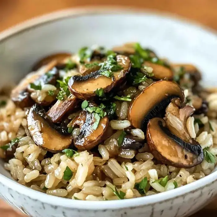 Brown rice in a bowl topped with sautéed mushrooms and vibrant green herbs.