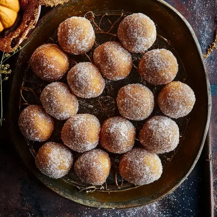Sugary golden dough balls stacked on a plate and lined up in rows.