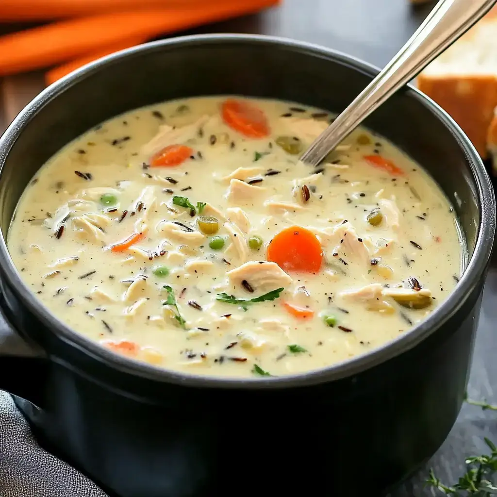 A bowl loaded with creamy chicken, veggies, wild rice, and a spoon, just waiting for someone to dig in.