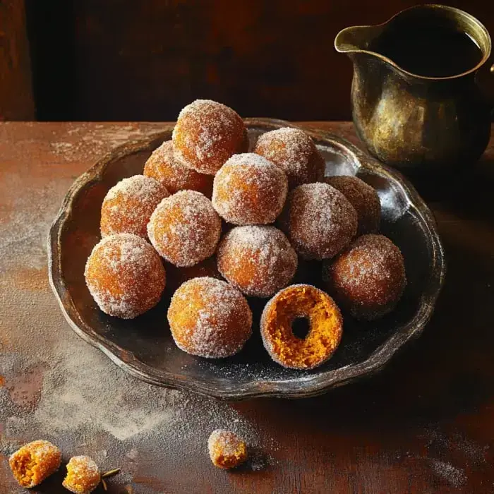 A metal plate stacked with sweet sugar donut balls, one bitten in half, next to a tiny pitcher.