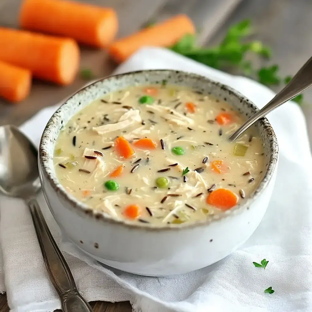 Hearty chicken wild rice soup with carrots, peas, and herbs in a bowl set on a surface sprinkled with chopped veggies.