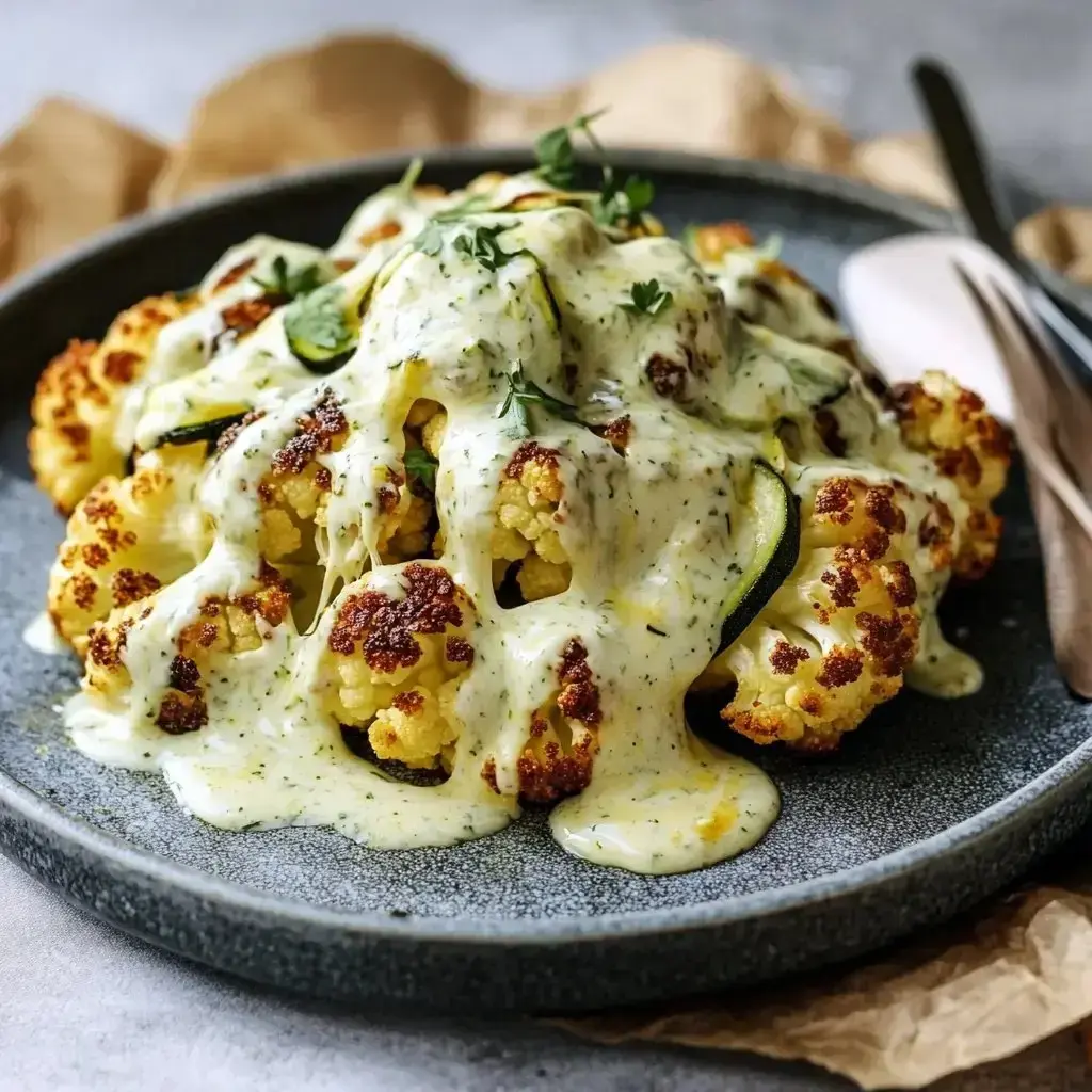 A serving of roasted cauliflower covered in creamy sauce and finished with fresh herbs.