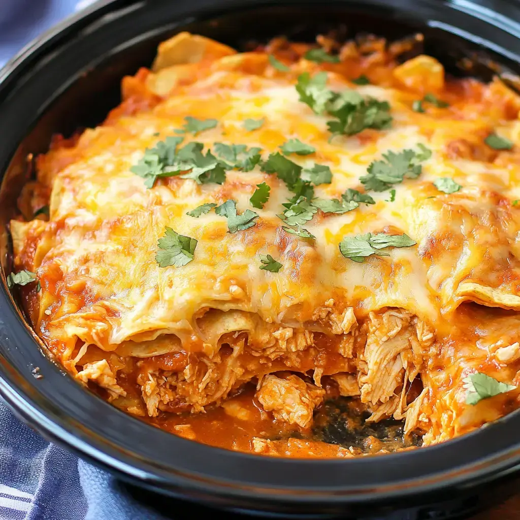 Melted cheese covering a hearty chicken enchilada slow cooker dish topped with cilantro.