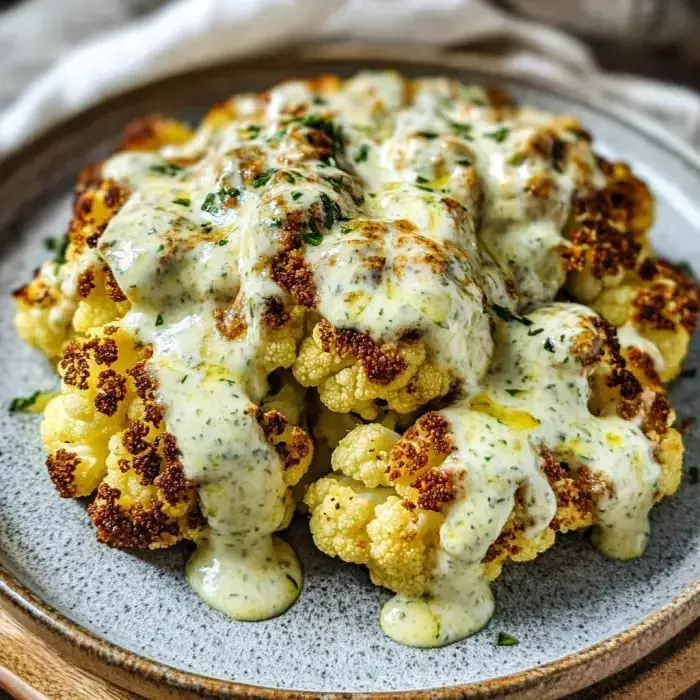 Roasted cauliflower dished up with a creamy sauce finished with herb sprinkles.