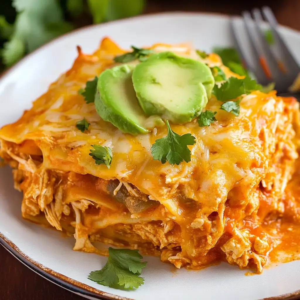Plate with avocado, cilantro, and a cheesy chicken casserole slice up close.