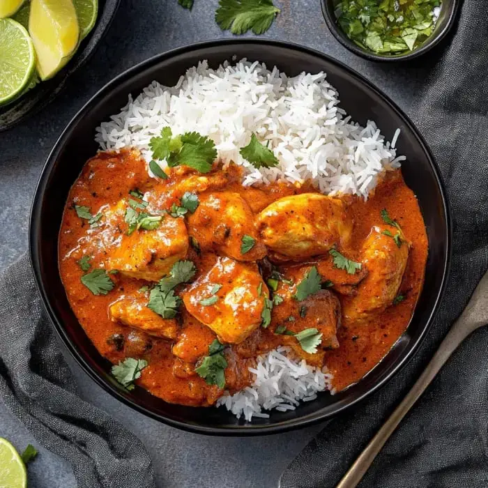 White rice topped with saucy chicken in a bright orange gravy, fresh cilantro on top, and lime wedges on the side.