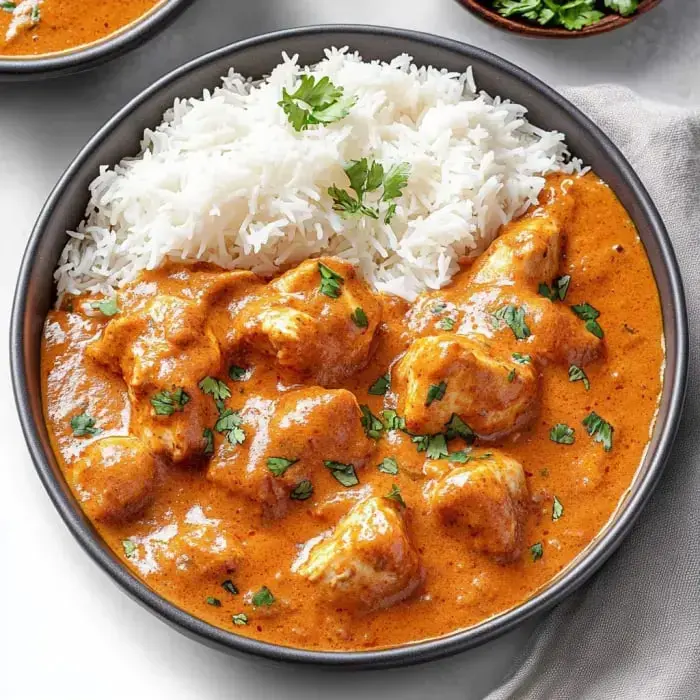 Creamy orange chicken over white rice with a pop of cilantro on top.