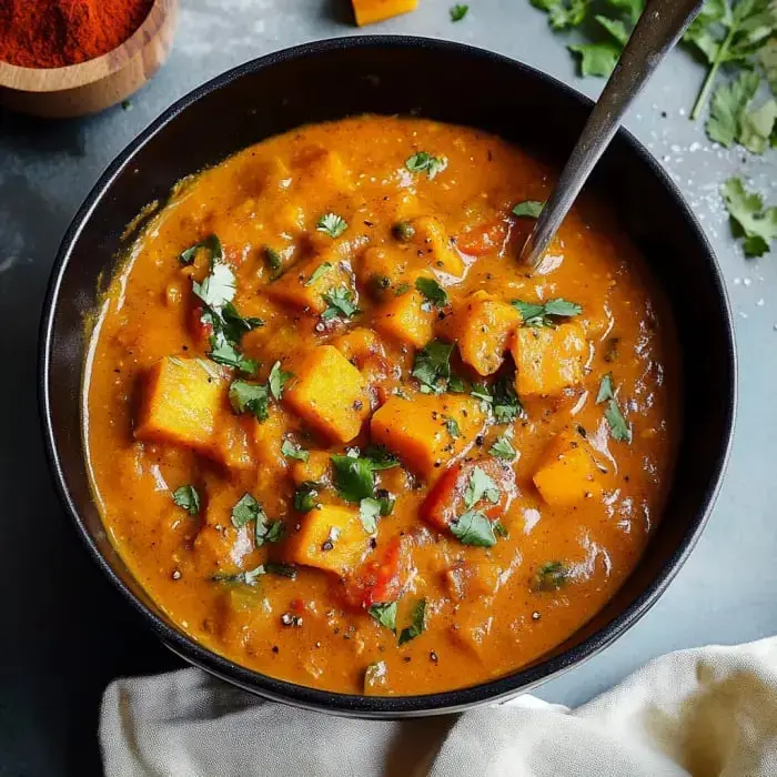 A bowl stuffed with golden pumpkin curry, topped with cilantro and ready with a spoon for digging in.