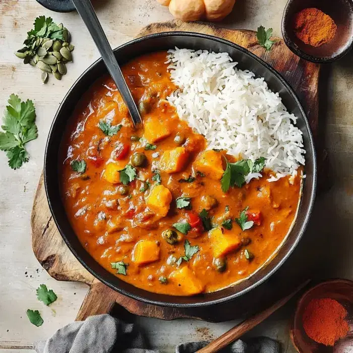 A cozy bowl showing off creamy veggie curry with pumpkin chunks and peas next to fluffy rice, all decked out with cilantro and a dusting of spices.